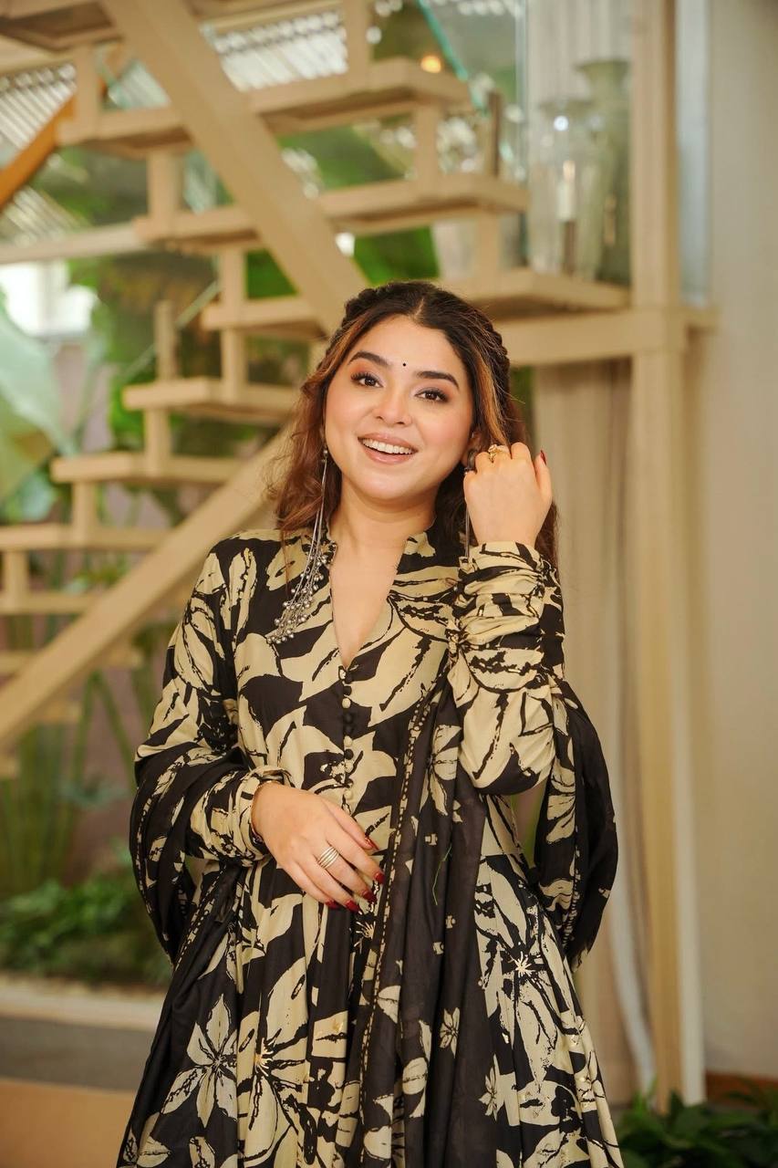 Black And Beige Floral Printed Anarkali Suit With Dupatta