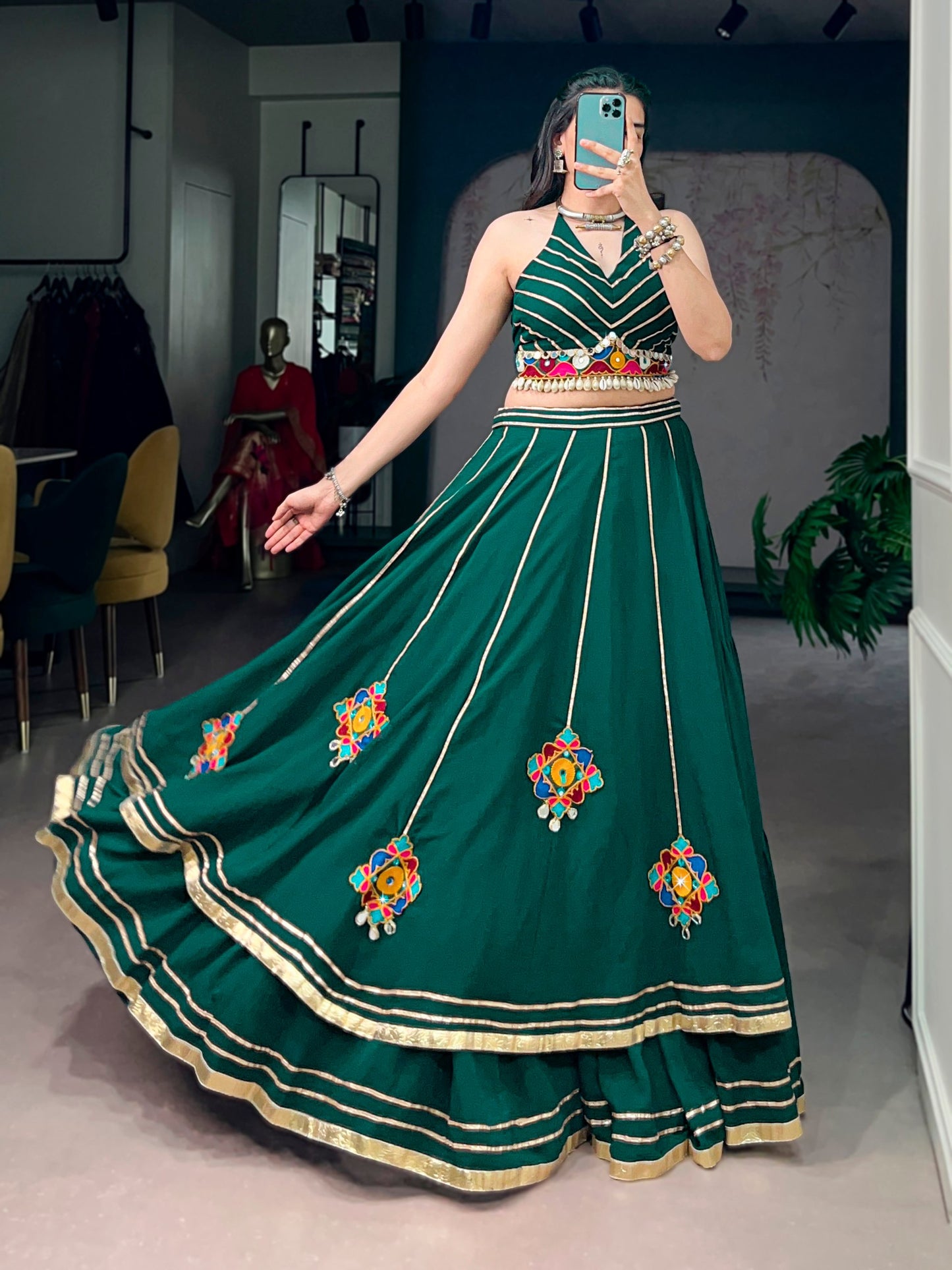 11 Meter Mega Flair Bottle Green Lehenga Choli With Gamthi Mirror Work