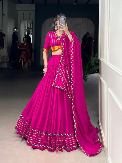 BRIGHT MAGENTA RAYON LEHENGA WITH GAMTHI WORK