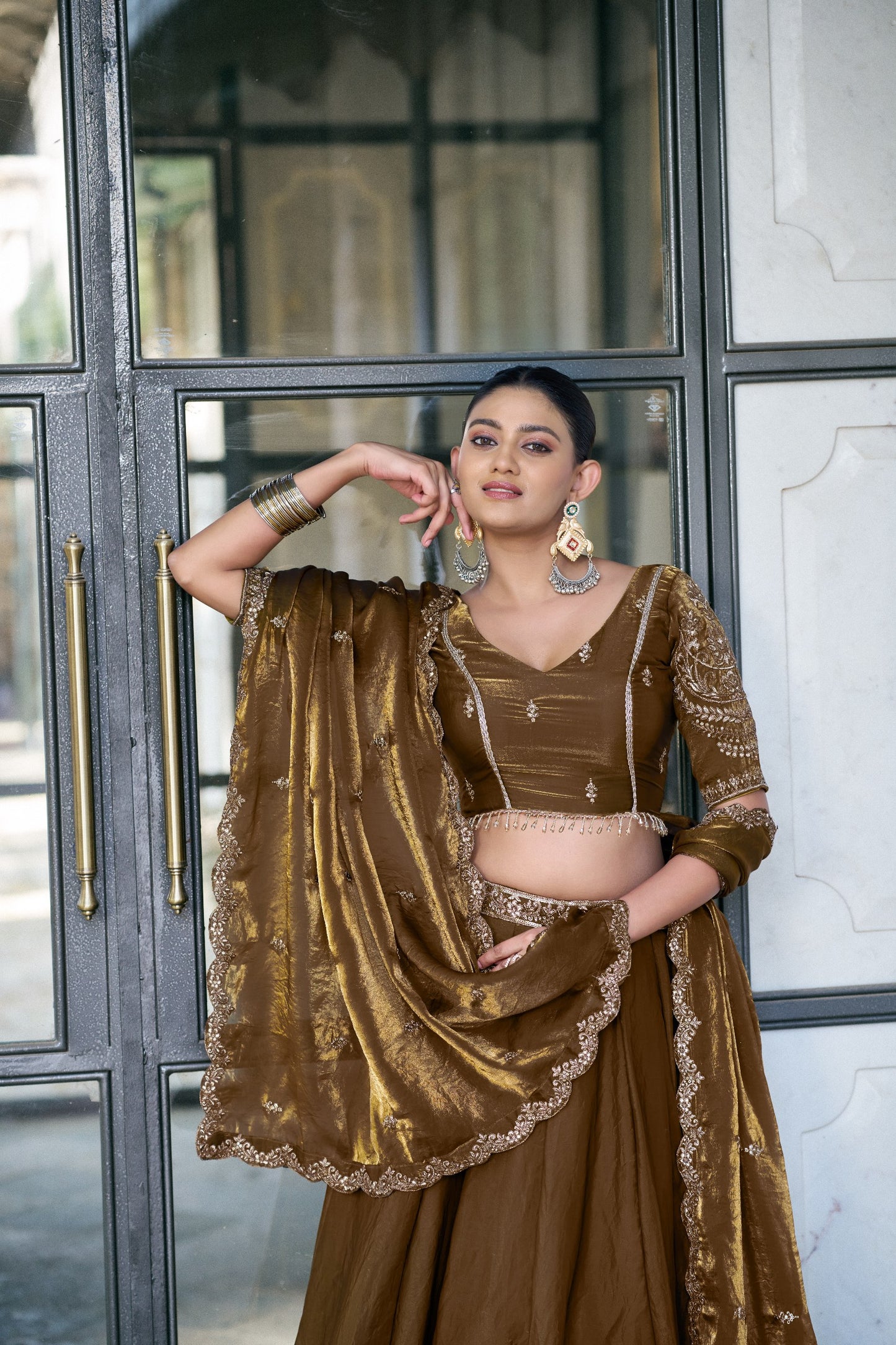 Designer Fendy Silk Lehenga Set With Zari Scallop Border And Attached Drape Dupatta