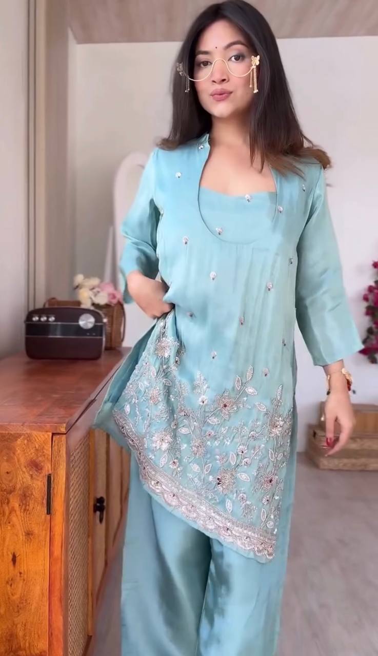 Sea Green Embroidered 3-Piece Jacket Style Kurta Set With Inner And Pants – Festive Fusion Wear