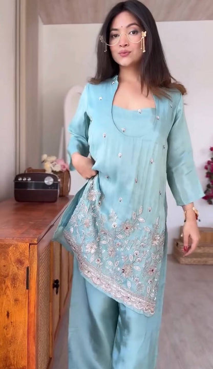 Sea Green Embroidered 3-Piece Jacket Style Kurta Set With Inner And Pants – Festive Fusion Wear