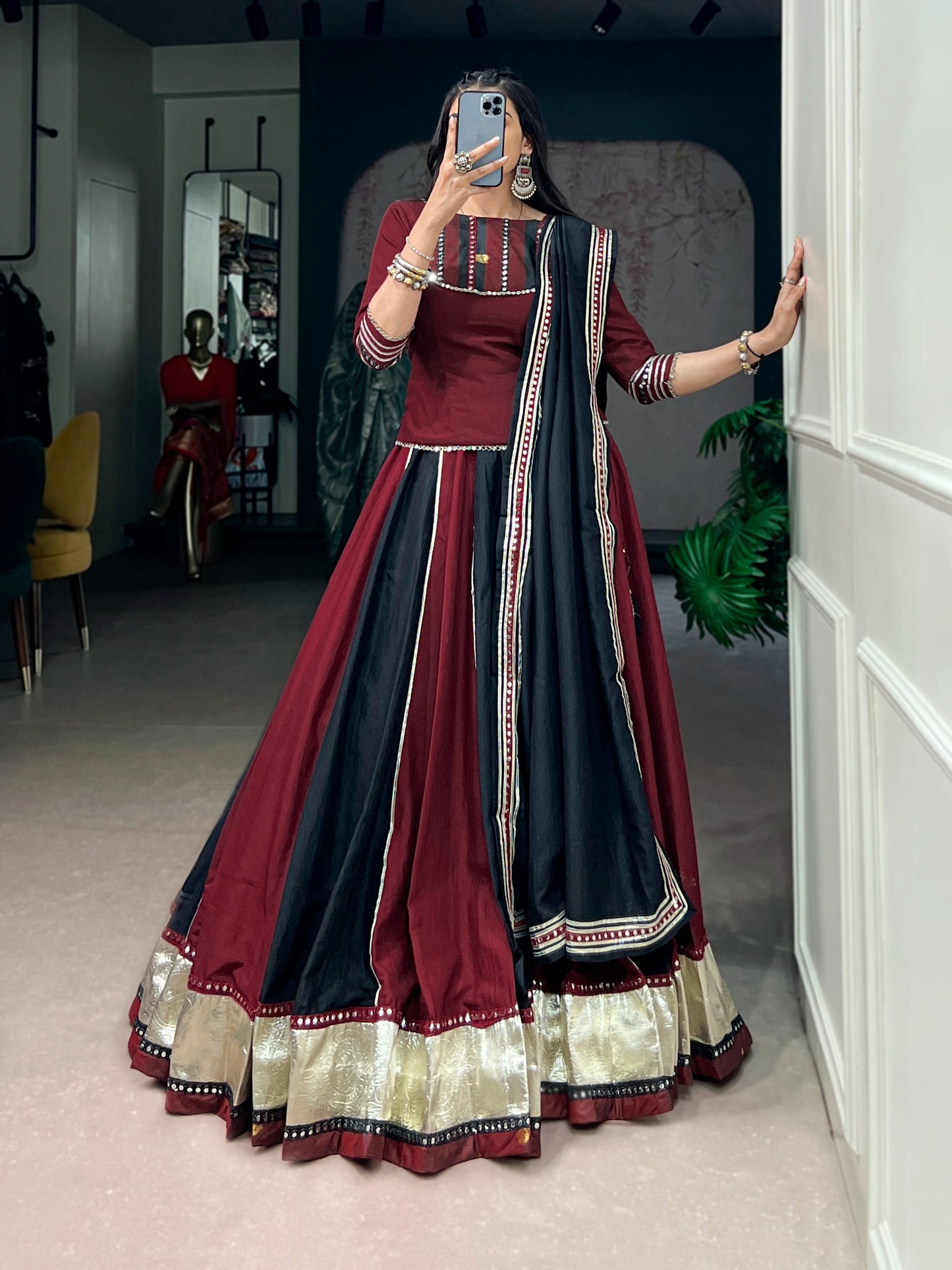 Maroon Black Panelled Lehenga Choli With Zari Border And Mirror Work