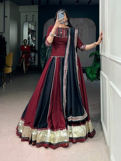 Maroon Black Panelled Lehenga Choli With Zari Border And Mirror Work