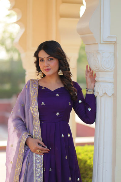 Purple Anarkiri With  Embroidery And Lavender Dupatta