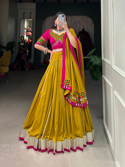 Mustard Yellow Silk Lehenga Choli With Pink Mirror Work Blouse And Dupatta