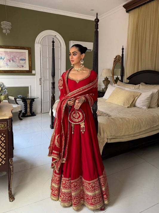 Royal Red Zari Embroidered Anarkali Gown Set With Dupatta