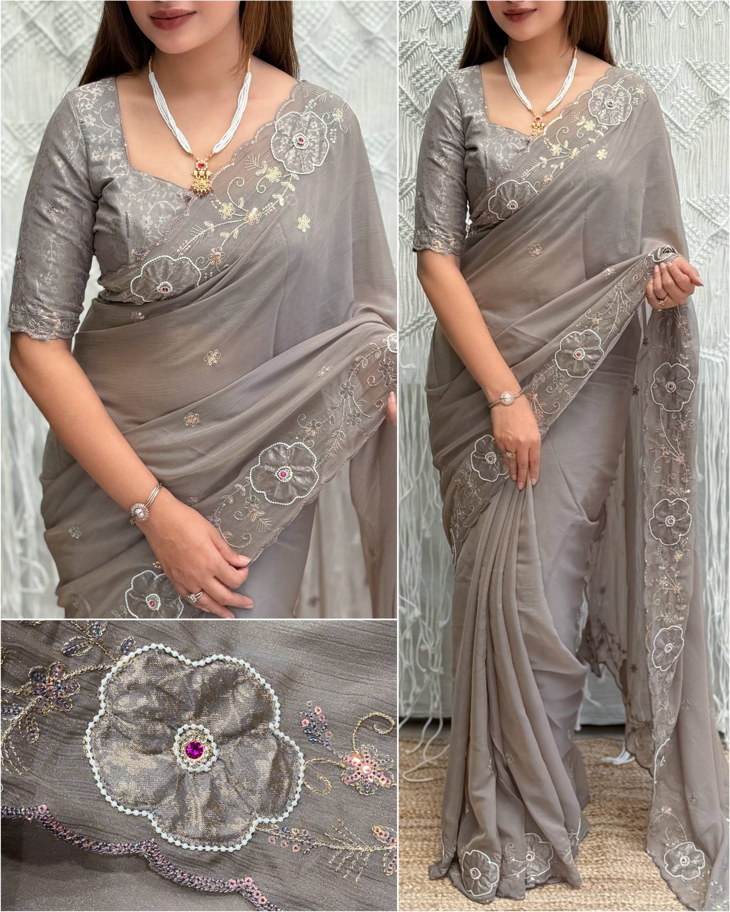 Designer Floral Border Saree With Brocade Un-Stitched Blouse