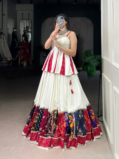 White And Red Peplum Style Lehenga With Multicolor Bandhani Border