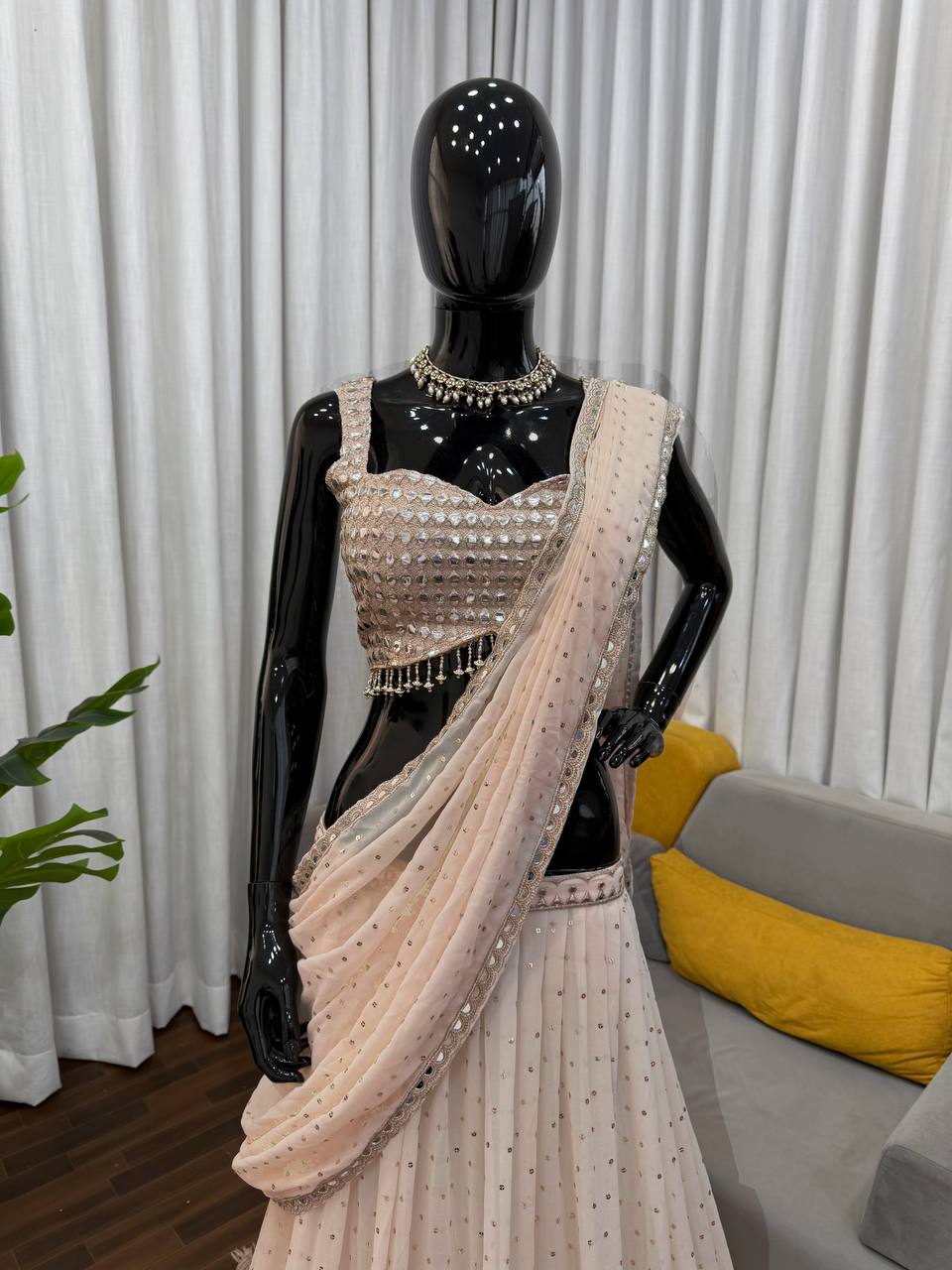 Gold Sequined Ready To Wear Saree With Gold Embroidery Blouse And Mirror Work Draped Ethnic Outfit