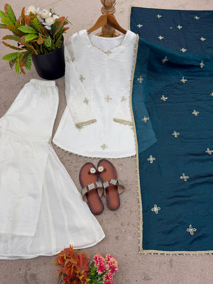 Embroidered Sharara Set With Contrast Sequin Teal Blue Dupatta