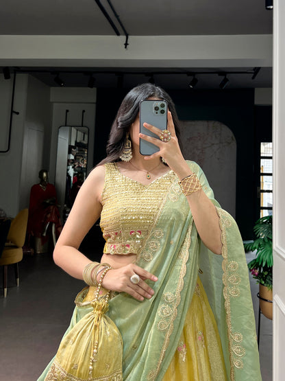 Mustard Yellow Silk Lehenga Choli With Green Embroidered Dupatta