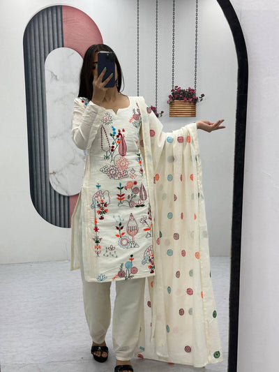 Floral Embroidery White Salwar Suit With Dotted Dupatta