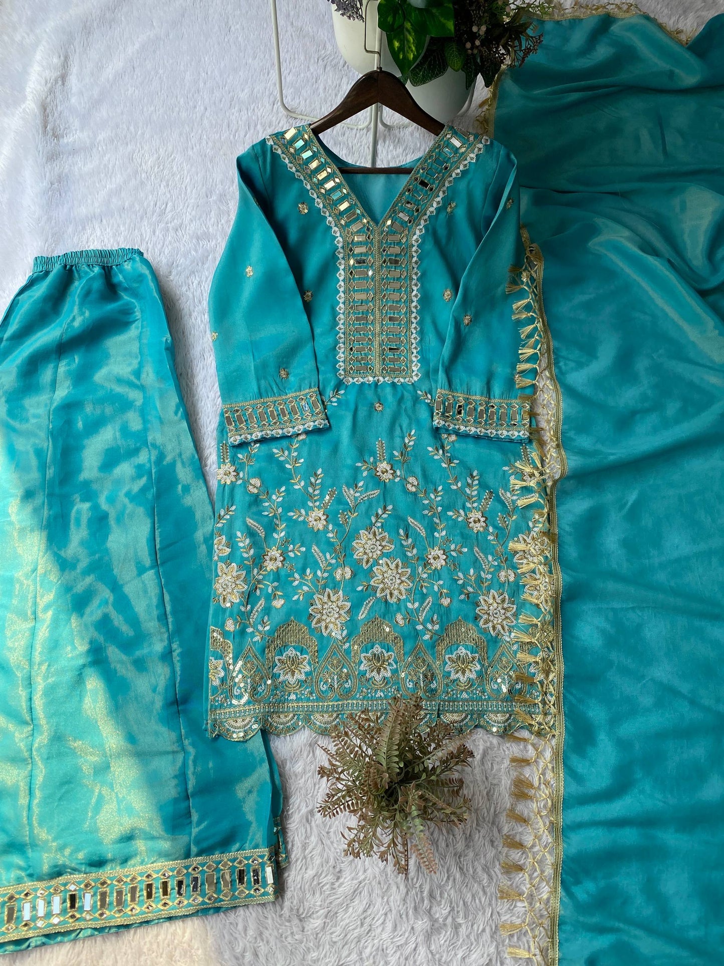 Elegant Embroidery And Mirror Work Sharara Suit With Dupatta