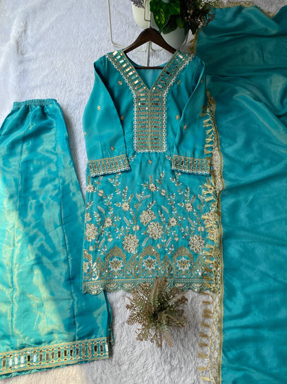 Elegant Embroidery And Mirror Work Sharara Suit With Dupatta