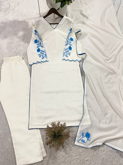Elegant White Roman Silk Kurti With Blue Floral Embroidery On Sleeves And Matching Dupatta