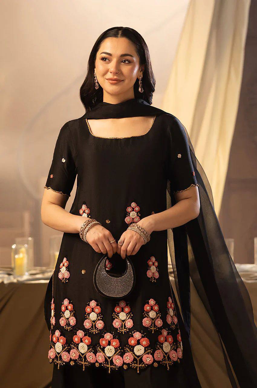 Black Embroidered Salwaar Suit With Floral Work And Net Dupatta