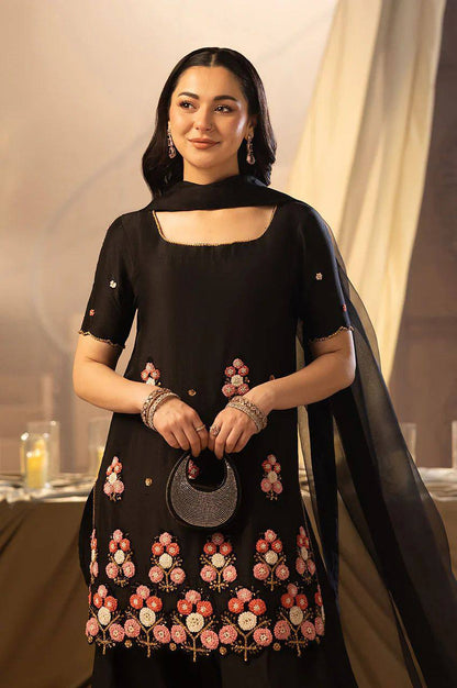 Black Embroidered Salwaar Suit With Floral Work And Net Dupatta