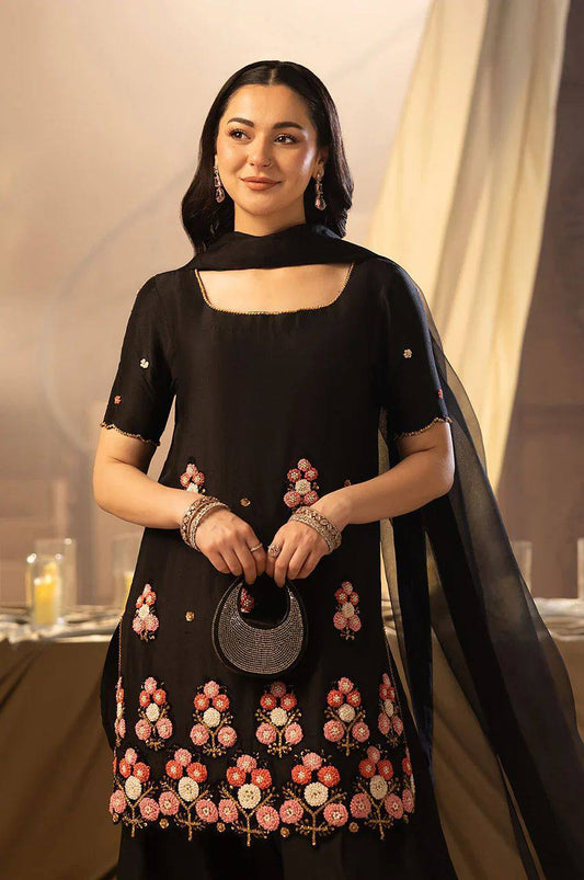 Black Embroidered Salwaar Suit With Floral Work And Net Dupatta