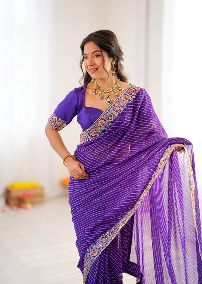 Purple Leheriya Saree with Multi-Colour Thread Embroidered Border And Blouse