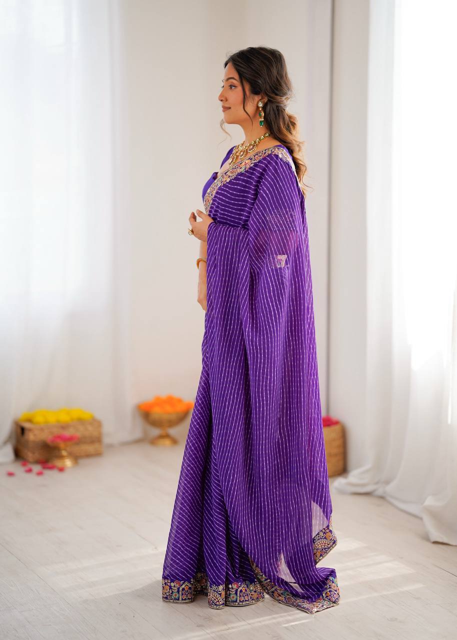 Purple Leheriya Saree with Multi-Colour Thread Embroidered Border And Blouse