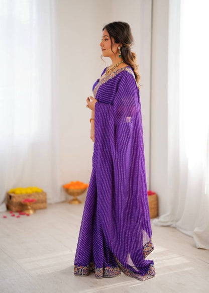 Purple Leheriya Saree with Multi-Colour Thread Embroidered Border And Blouse