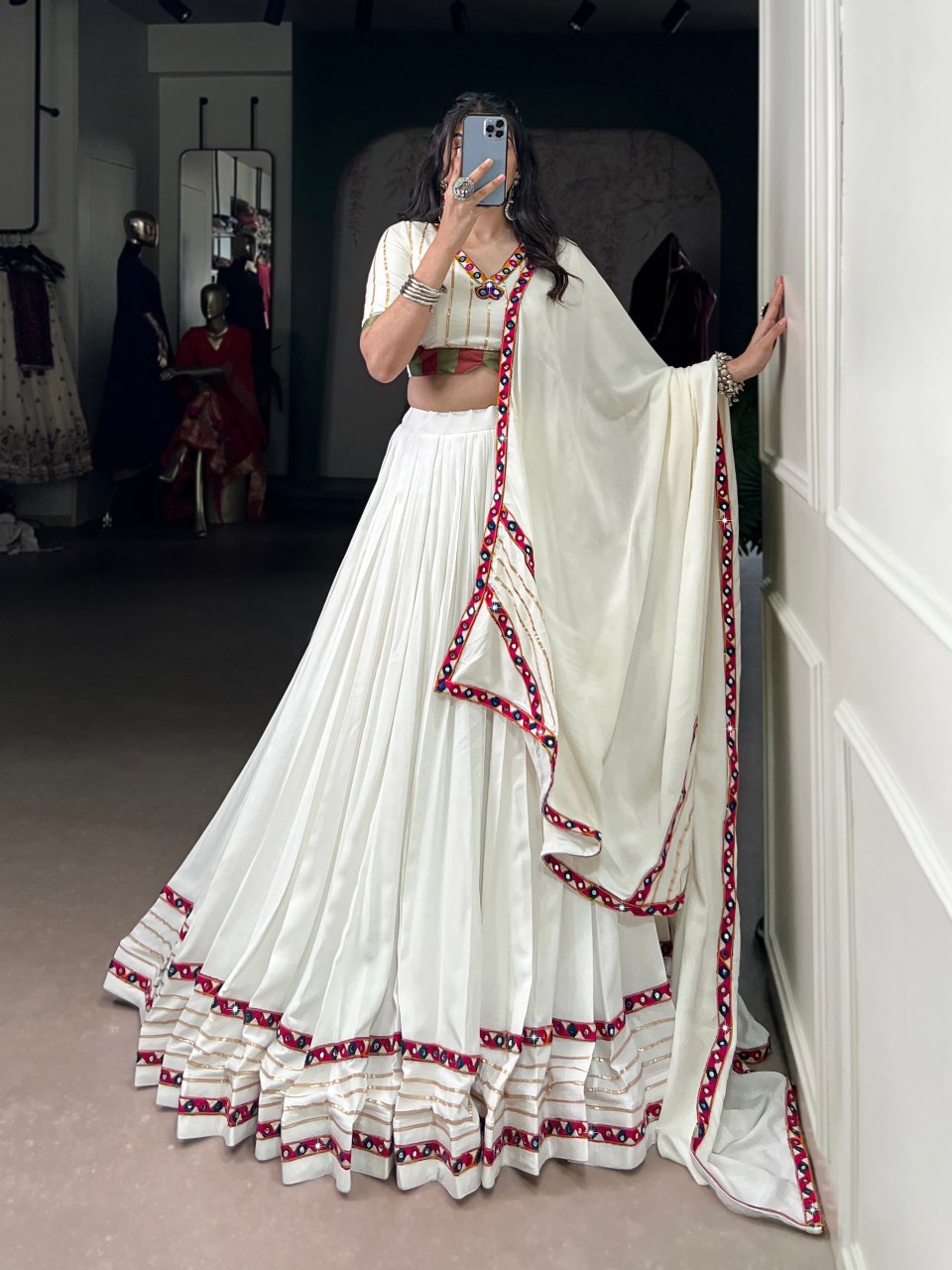 ELEGANT WHITE RAYON LEHENGA WITH MIRROR WORK BORDER