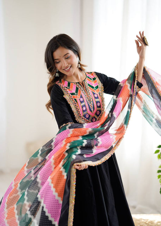 BLACK KHADI COTTON DESIGNER GOWN WITH EMBROIDERED MIRROR WORK & DIGITAL PRINT DUPATTA