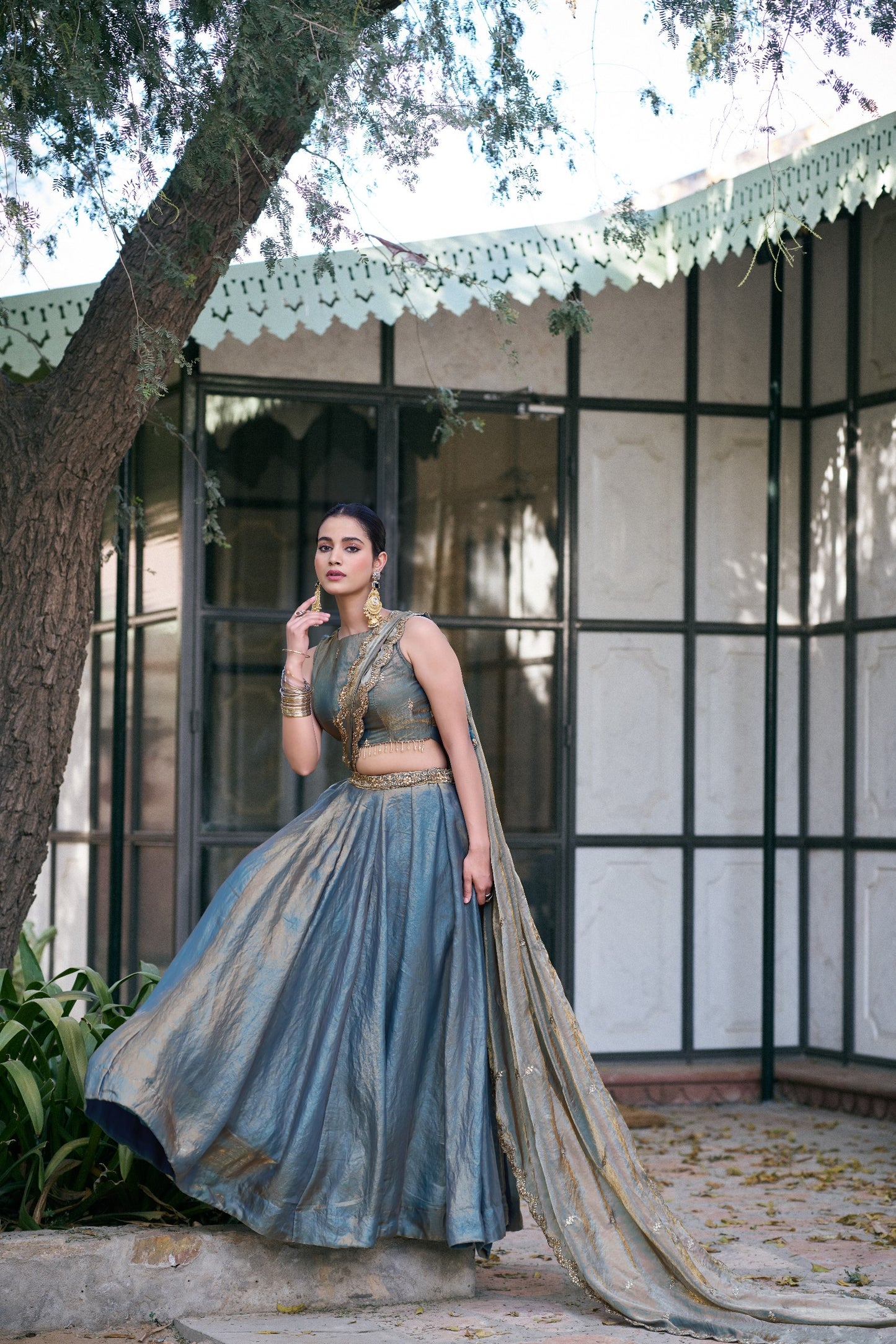 Designer Fendy Silk Lehenga Set With Zari Scallop Border And Attached Drape Dupatta
