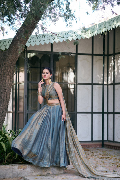 Designer Fendy Silk Lehenga Set With Zari Scallop Border And Attached Drape Dupatta