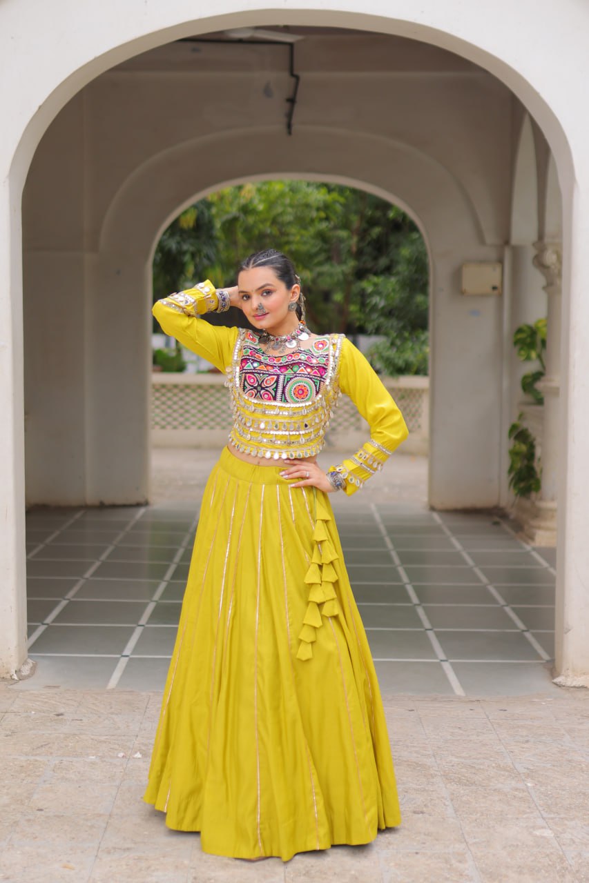 Designer Lehenga With Kutchi Gamthi Embroidered Blouse And Mirror Work