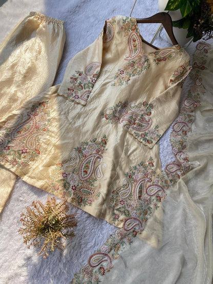 Floral-Paisley Thread Work Kurta Set With Flared Palazzo