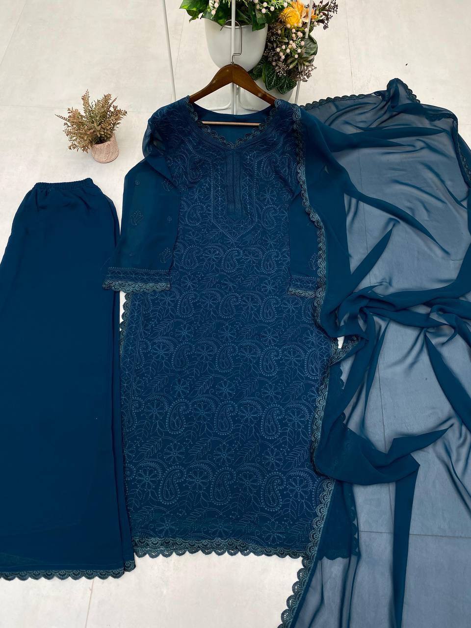 Navy Blue Chikankari Kurti With Lace Detail And Full Length Ethnic Wear