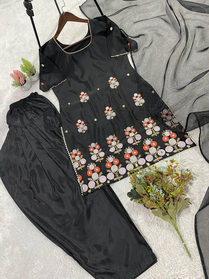 Black Embroidered Salwaar Suit With Floral Work And Net Dupatta