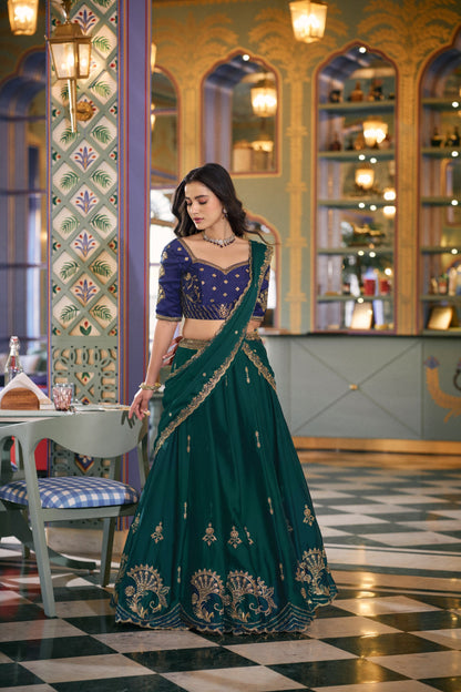 Bottle Green Embroidered Lehenga Choli with Contrast Blouse And Dupatta