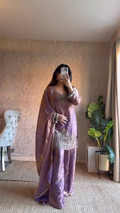 Lavender Silk Plazzo Suit With Heavy Zari And Sequins Embroidery