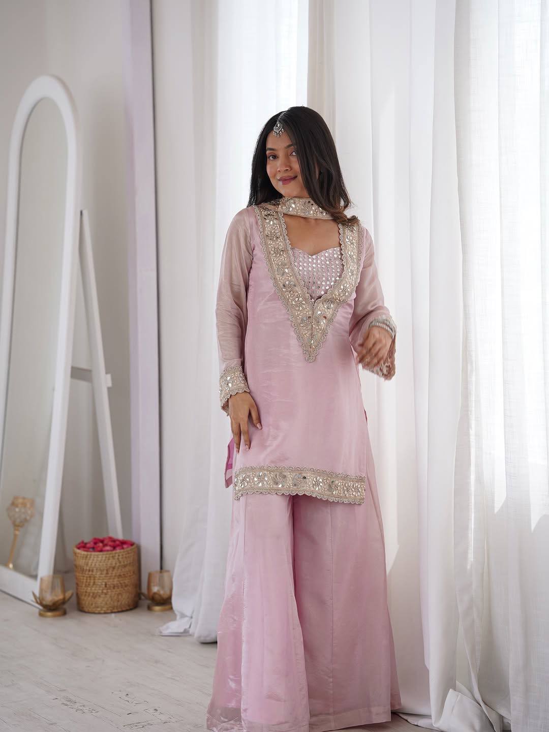 Baby Pink Mirror Work V-Neck Kurta Palazzo Set With Dupatta