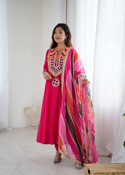 VIBRANT PINK ANARKALI SUIT WITH MULTICOLOUR EMBROIDERED DUPATTA