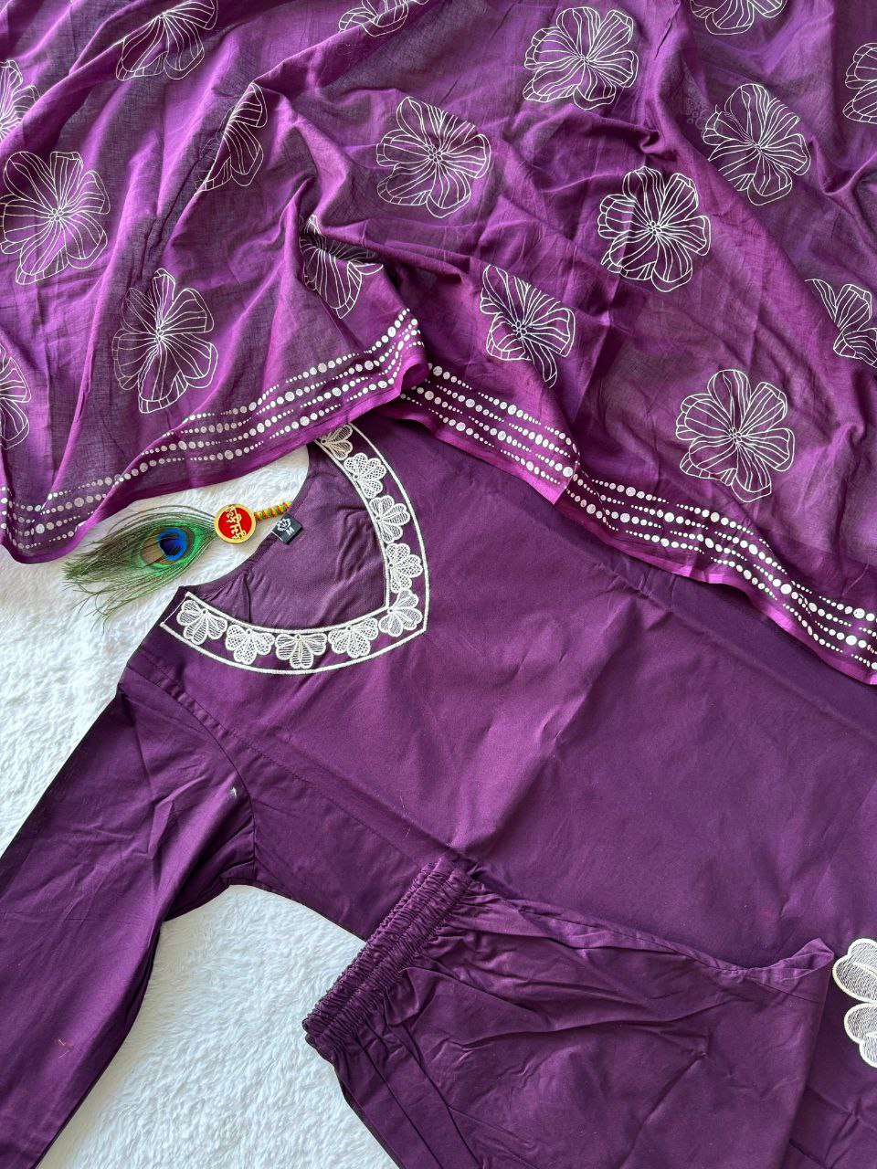 Purple Embroidery Cotton Kurti with Pant And Dupatta