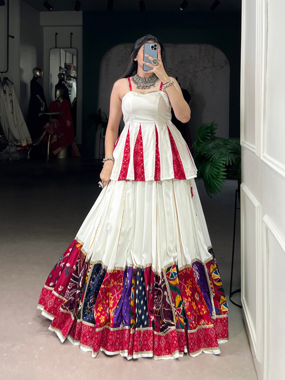 White And Red Peplum Style Lehenga With Multicolor Bandhani Border