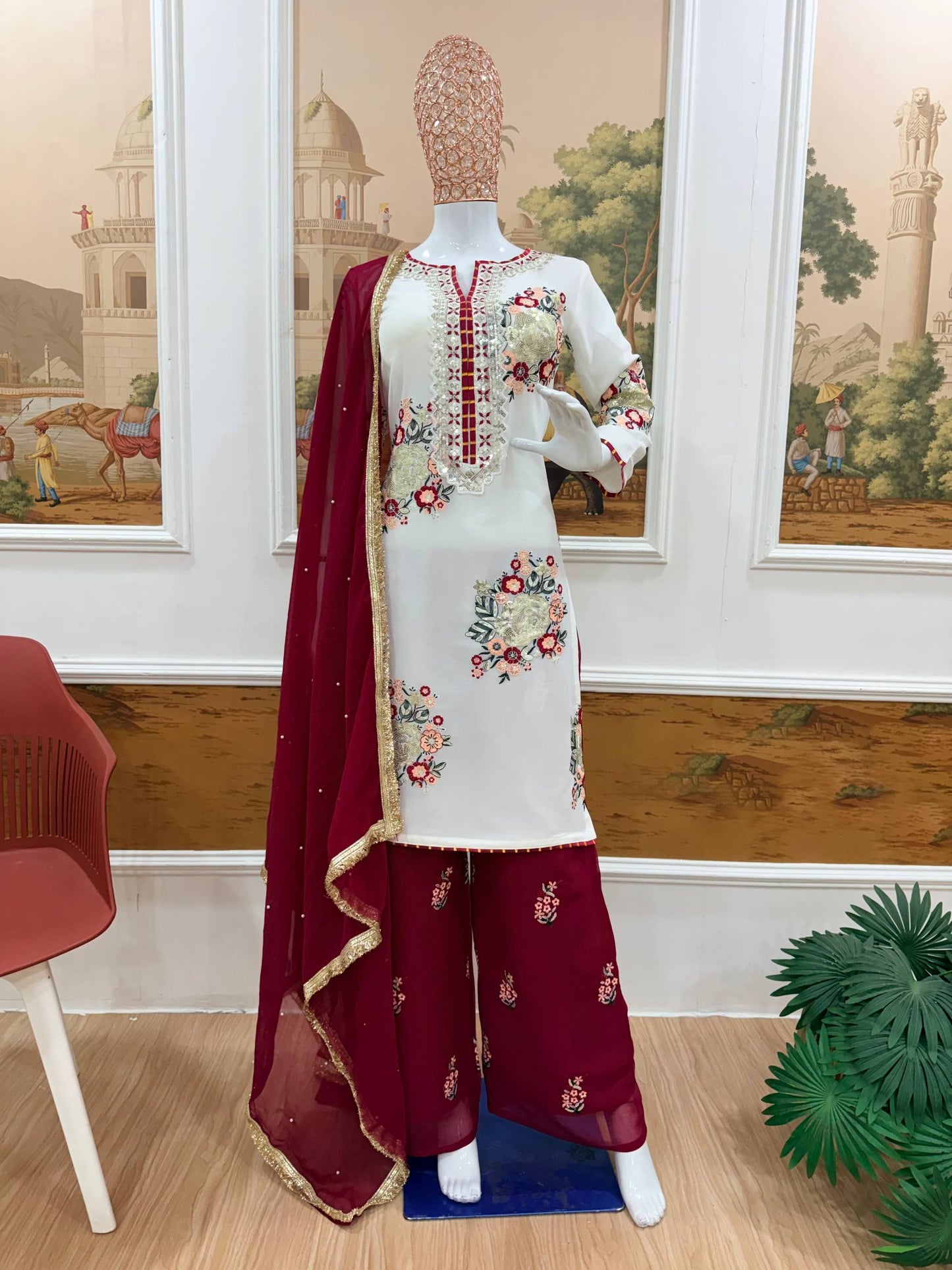 Floral Embroidered Kurti With Maroon Printed Palazzo Pants