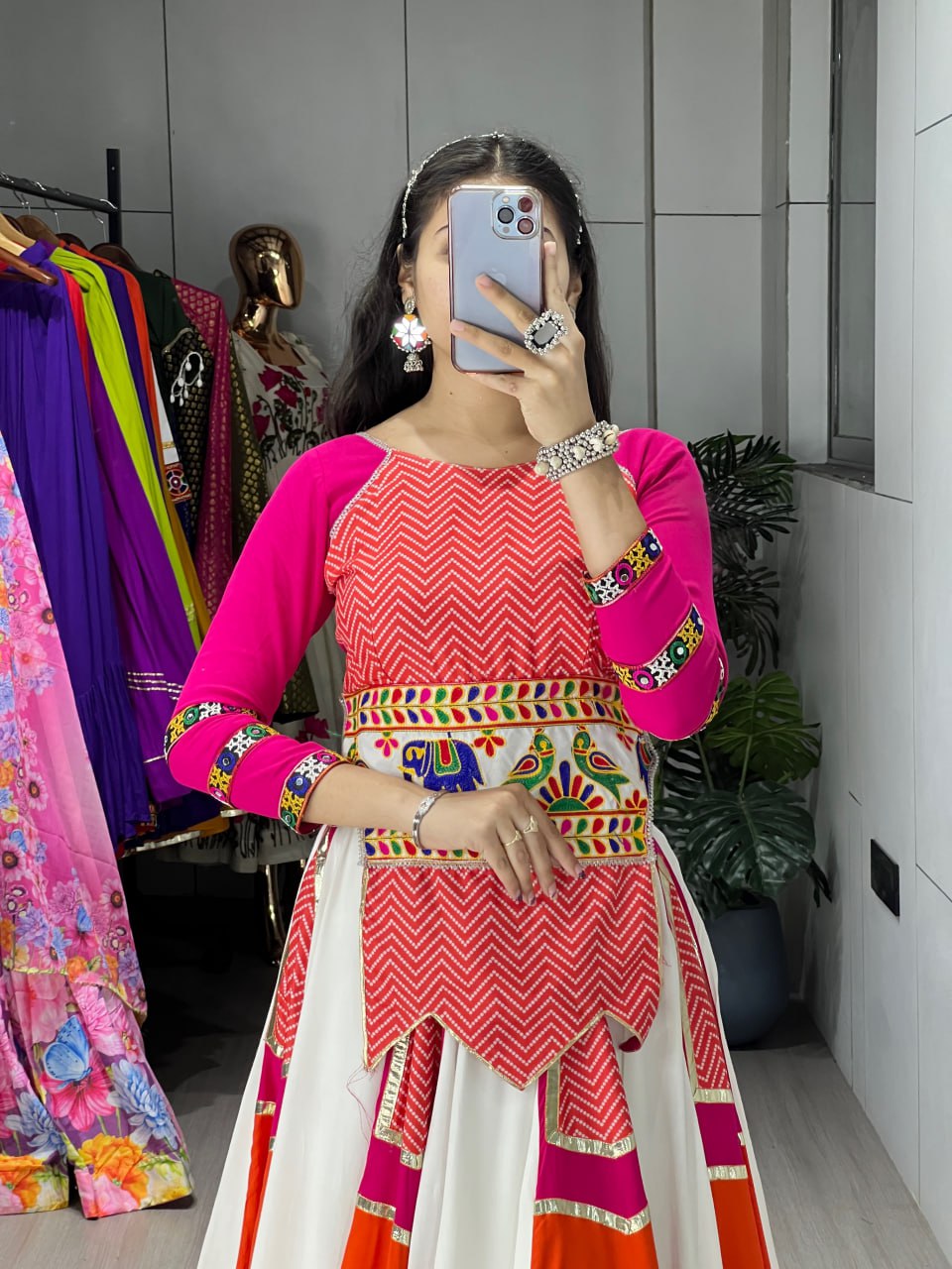 Multicolor Navratri Chaniya Choli with Mirror Work & Patchwork Lehenga