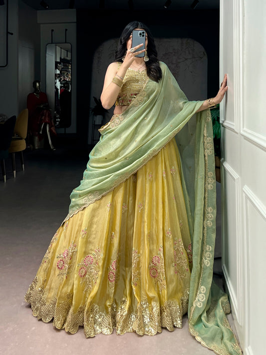 Mustard Yellow Silk Lehenga Choli With Green Embroidered Dupatta