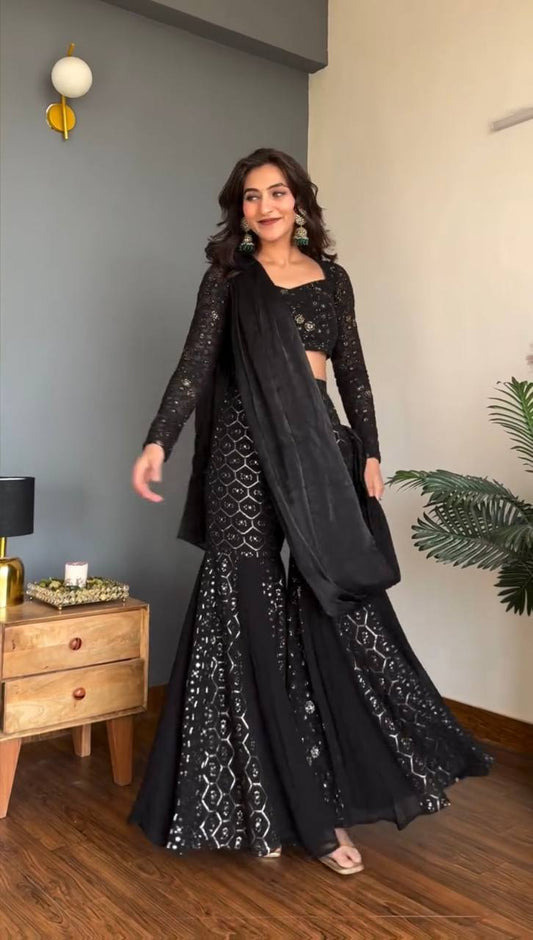 Black Sequined Sharara Suit With Dupatta