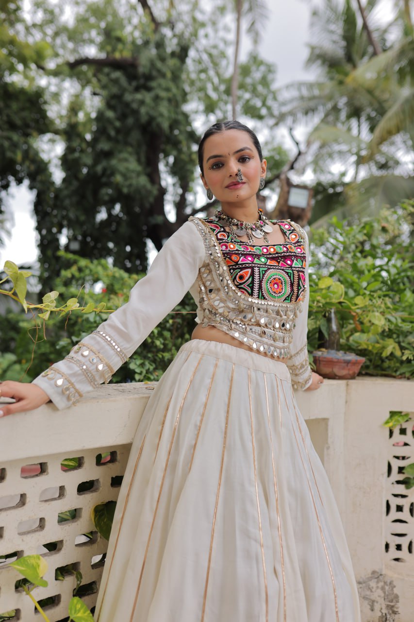 Designer Lehenga With Kutchi Gamthi Embroidered Blouse And Mirror Work