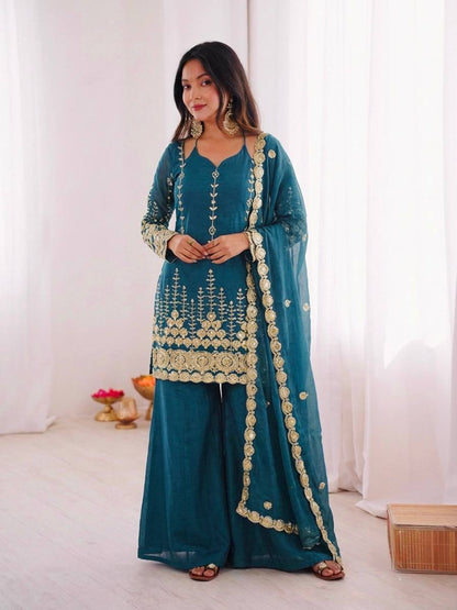 Teal Green Zari Embroidered Sharara Suit Set With Fendy Silk Dupatta