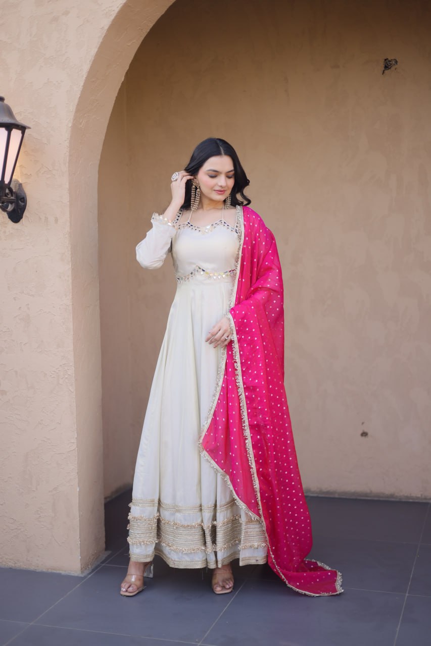 Real Mirror Work Anarkali Gown With Rani Pink Dupatta