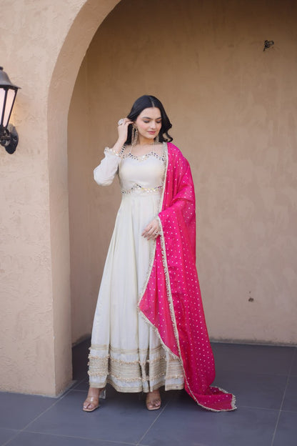 Real Mirror Work Anarkali Gown With Rani Pink Dupatta