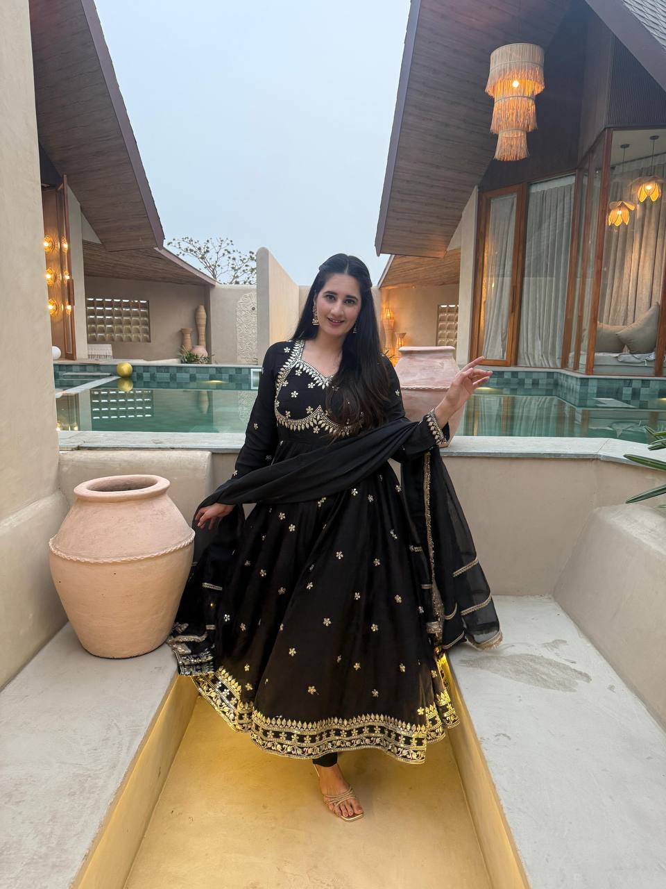 Elegant Black Anarkali Set With Gold Embroidery And Dupatta