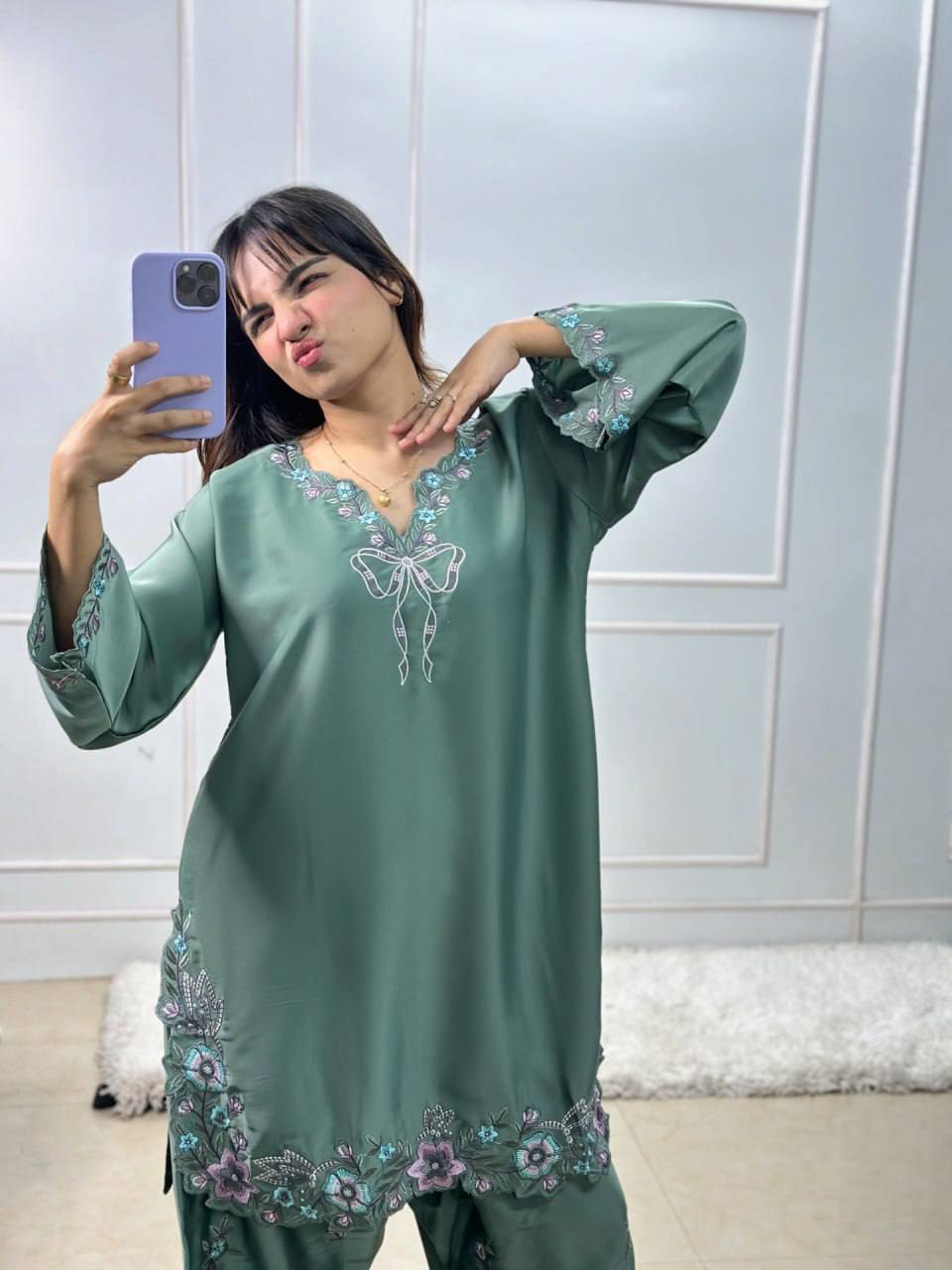 Teal Green Floral Embroidered Farshi Salwar With Bow Detail And Dupatta